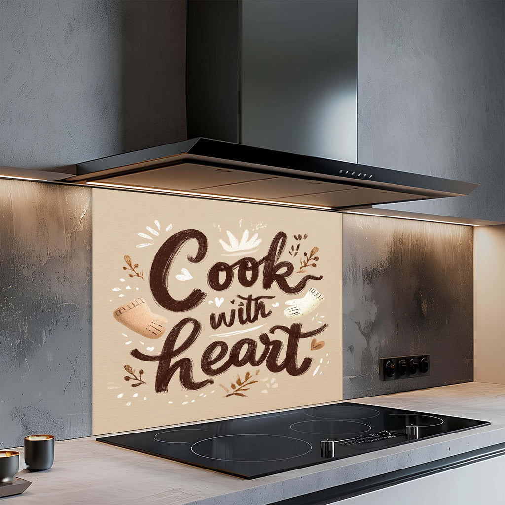 Cook with Heart – Tempered Glass Backsplash for Kitchen – Rustic Kitchen Quote Splashback