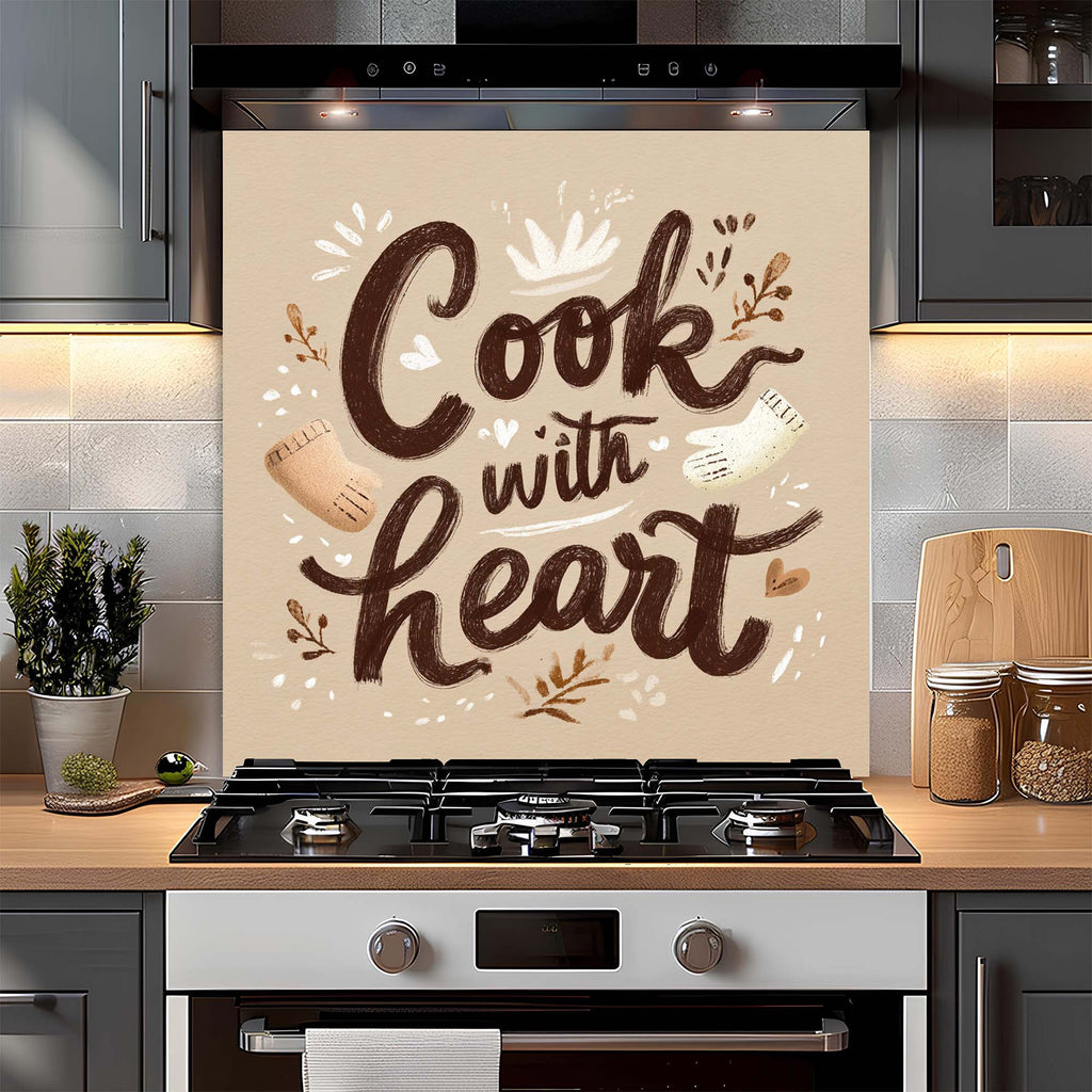 Cook with Heart – Tempered Glass Backsplash for Kitchen – Rustic Kitchen Quote Splashback