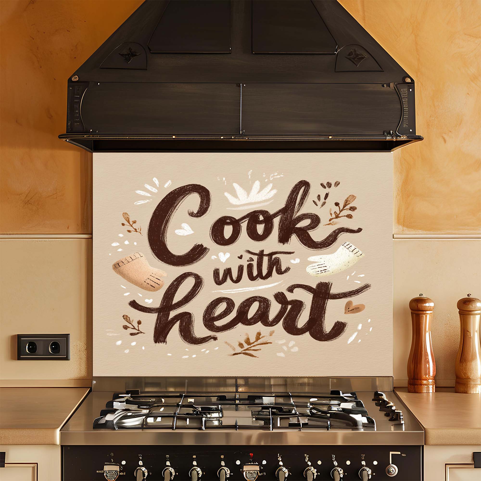 Cook with Heart – Tempered Glass Backsplash for Kitchen – Rustic Kitchen Quote Splashback