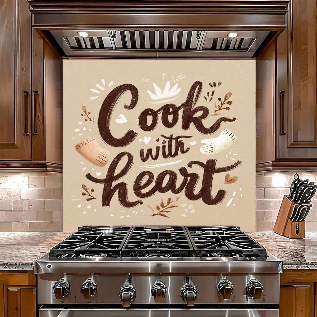 Cook with Heart – Tempered Glass Backsplash for Kitchen – Rustic Kitchen Quote Splashback